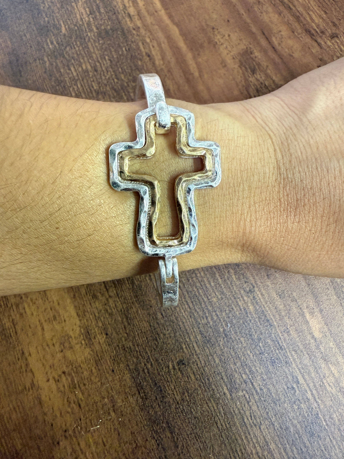 Beautiful Mixed Metal Cross Cuff Bracelet Gold OR Silver: Yellow Gold