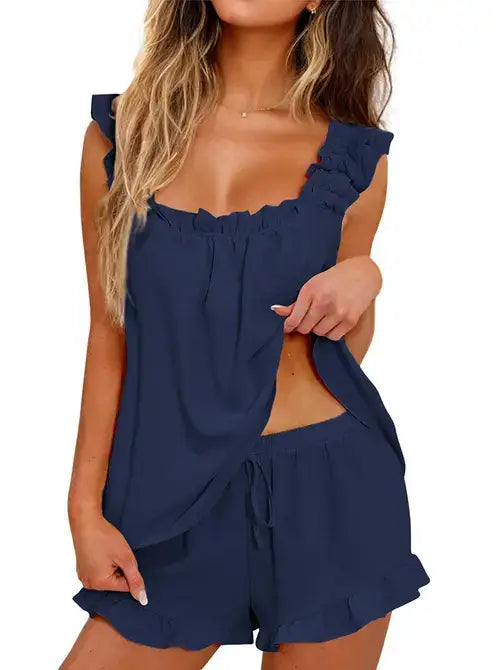 Solid Ruffle Lounge Set Sleeveless Pajama Shorts: White / 100%Polyester