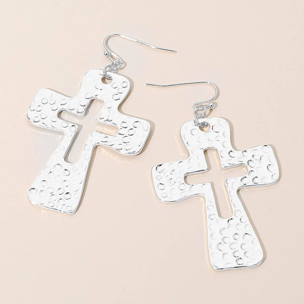 Hammered Metal Open Cross Drop Dangle Earrings: Gold