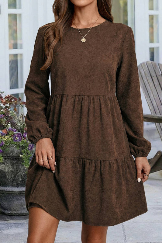 Lantern Sleeve Tiered Mini Dress: Dark Brown
