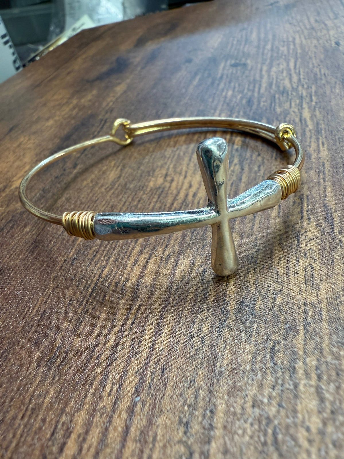 Two-tone Wire Wrapped Cross Bangle Bracelet : Gold