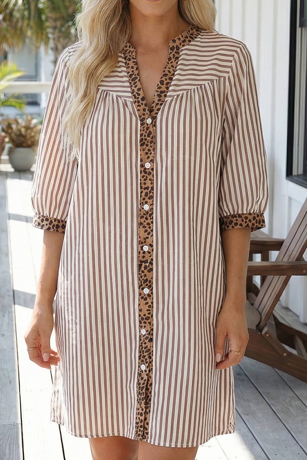 Stripe Button Leopard Trim Bracelet Sleeve Dress (S-XL): Brown / Missy