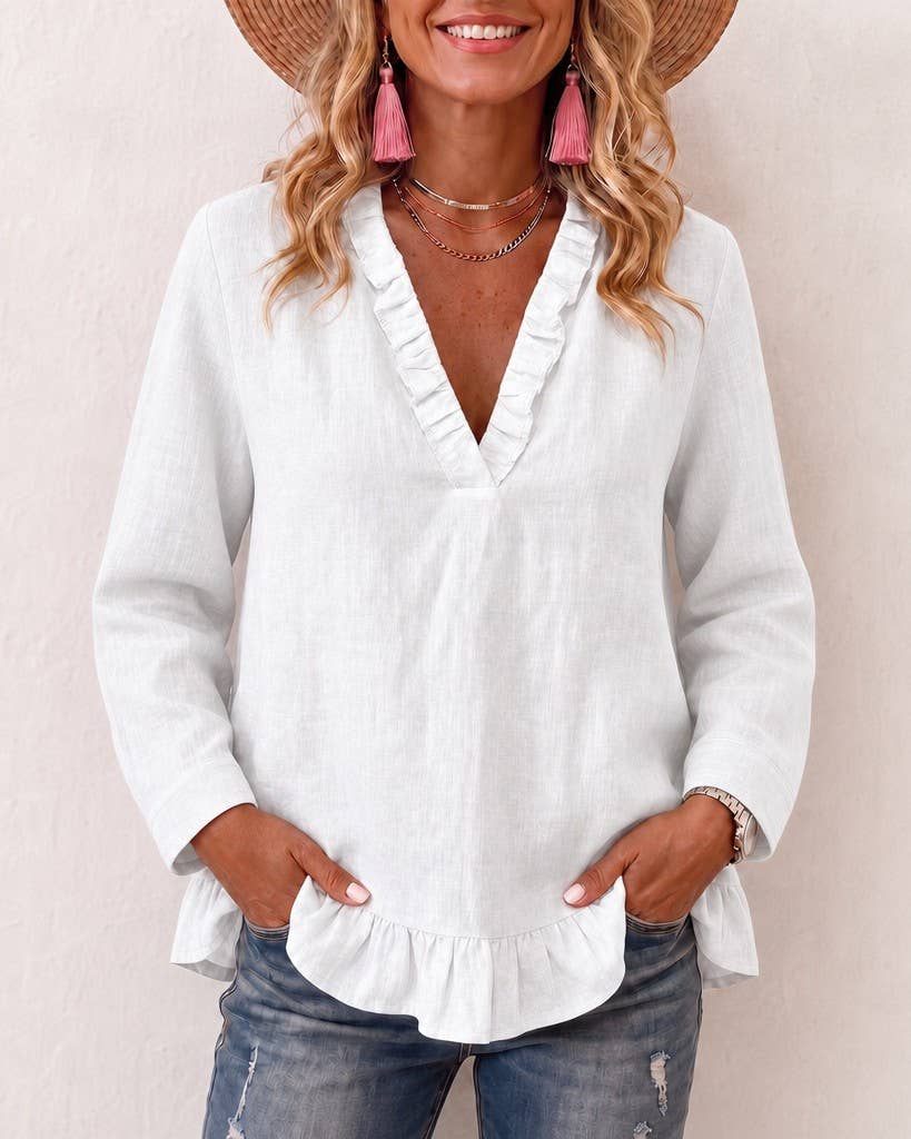 Boho Ruffle Trim V Neck Long Sleeve Casual Blouse: Khaki