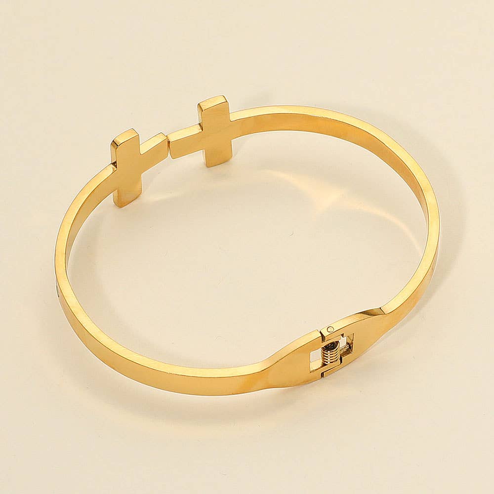 Stainless Steel Mother of Pearl Double Cross Tip Hinged Bangle Bracelet: Mother of Pearl,Silver