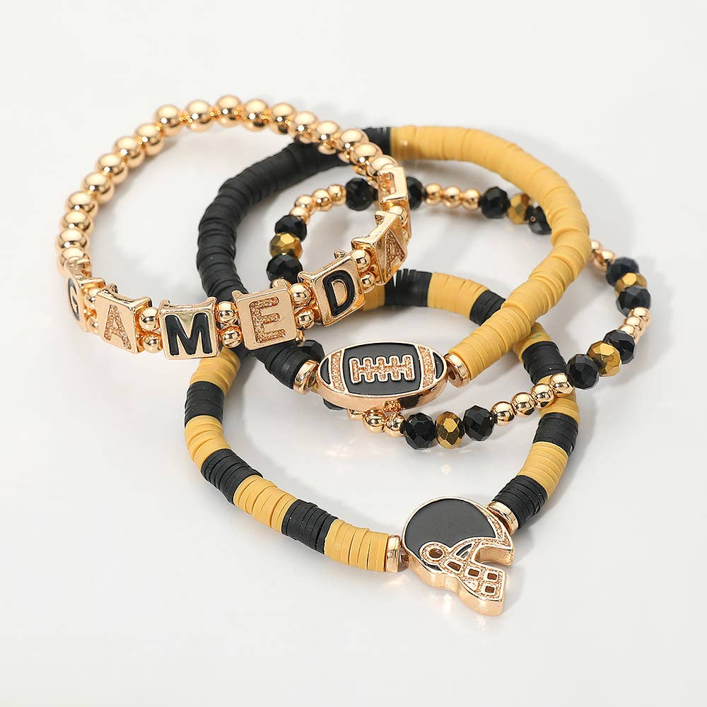 4PCS - GAMEDAY Football Charm Heishi Beaded Stretch Multi Layered Bracelets: Black Burgundy