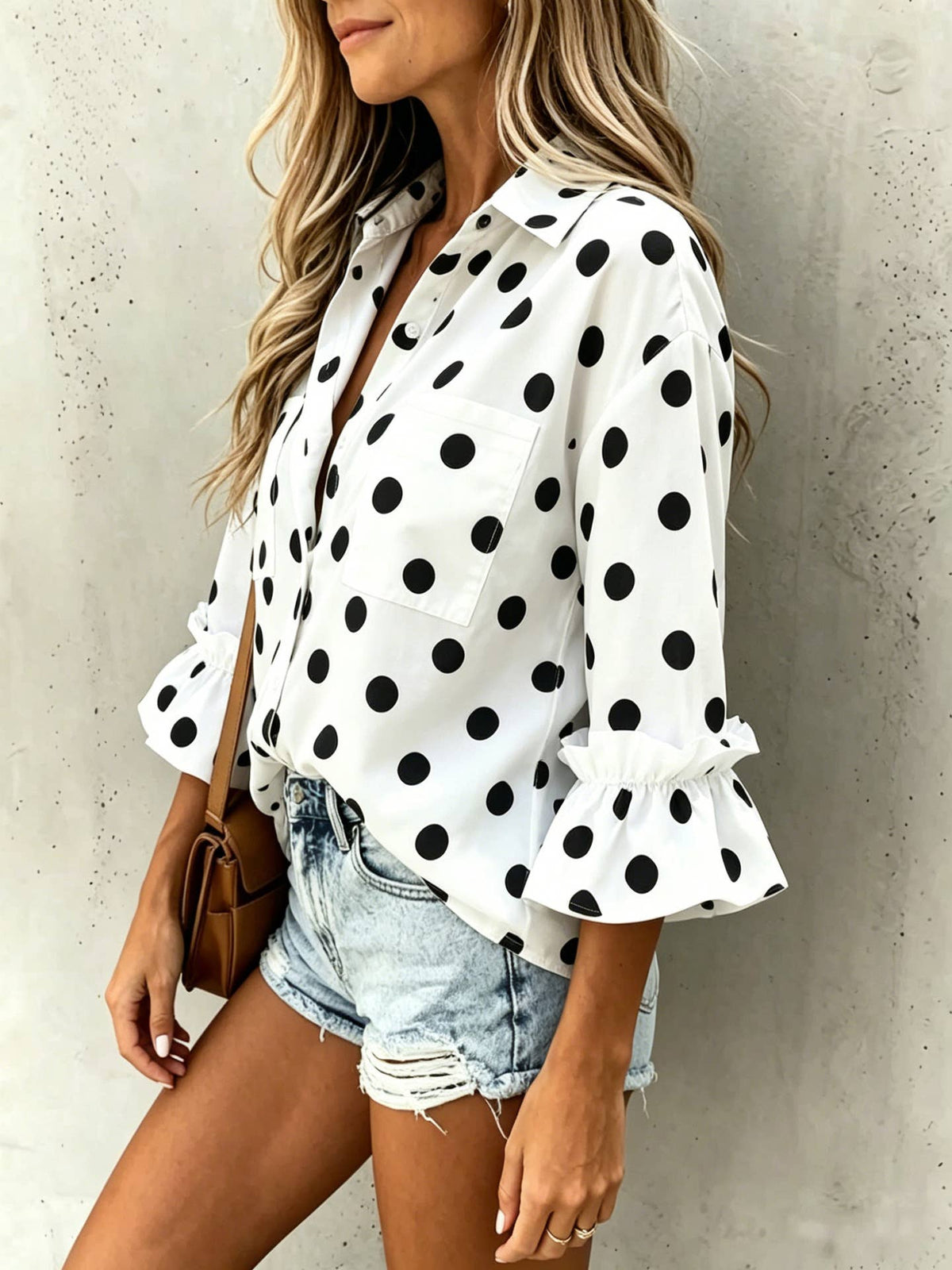 Polka Dot ruffle 3/4 sleeve button up blouse: White