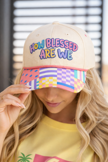 "How Blessed Are We" on Tan Cap With Patch Work: Tan / One Size