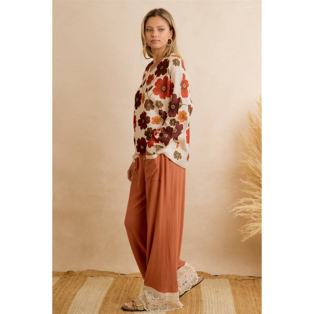SOLID RIB KNIT CROCHET LACE HEM WITH DOUBLE POCKET PANTS: RUST