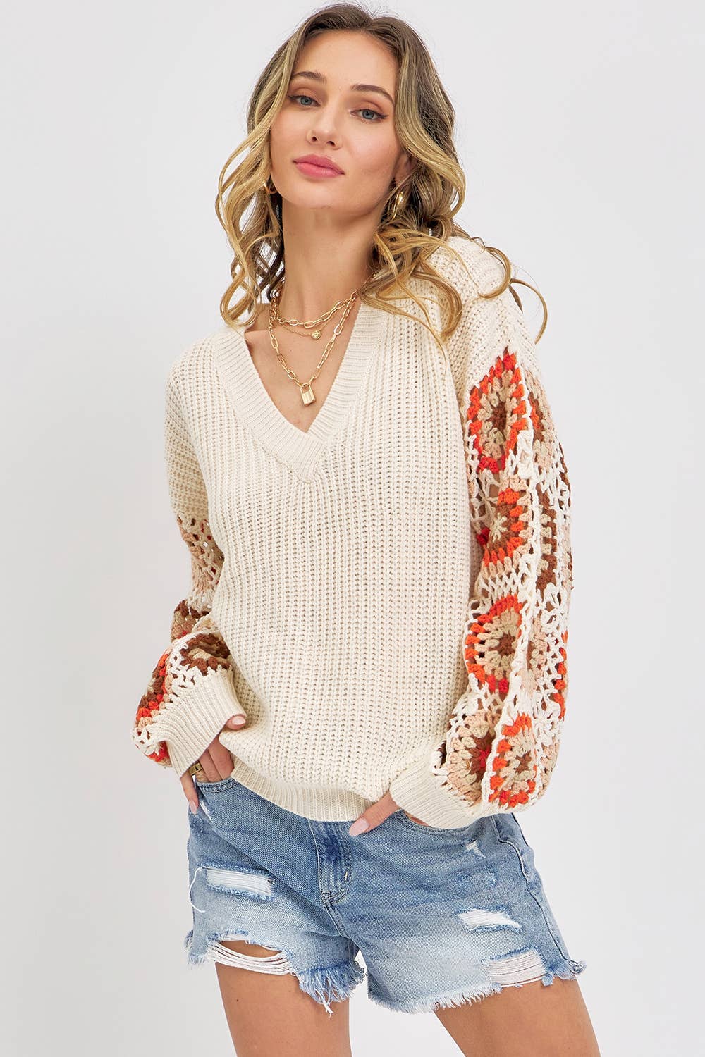 CROCHET PATCHWORK SWEATER: IVORY/ORANGE / Contemporary