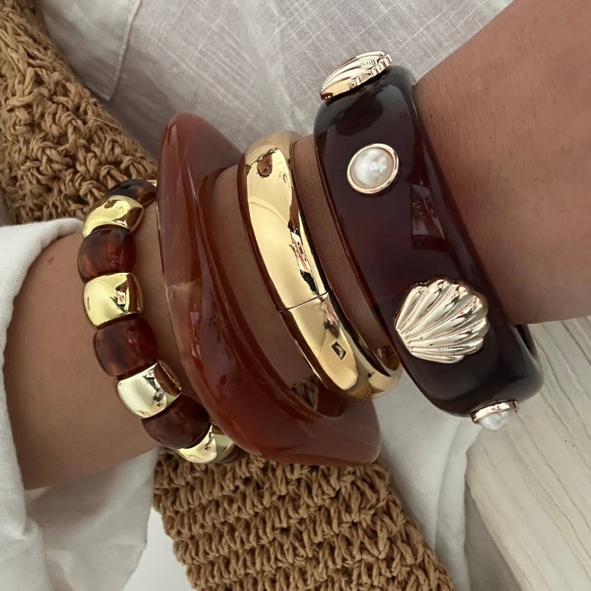 Pearl & Shell Accent Resin Bangle Bracelet: 3