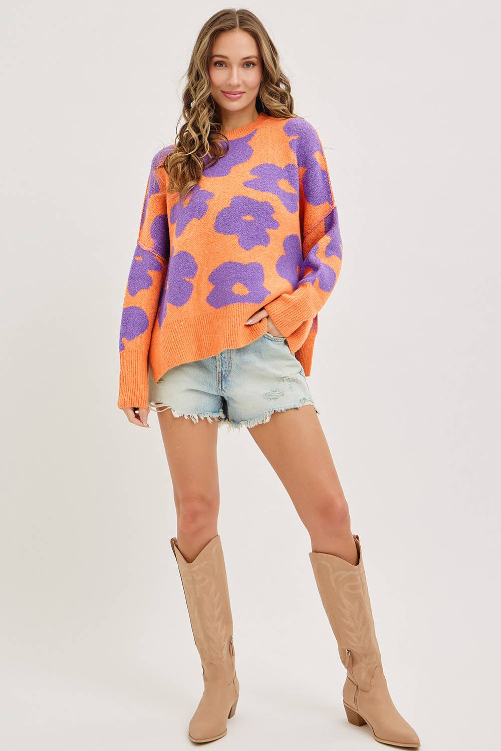 CREW NECK FLORAL LOOSE FIT SWEATER KNIT TOP: PUMPKIN PURPLE / Contemporary