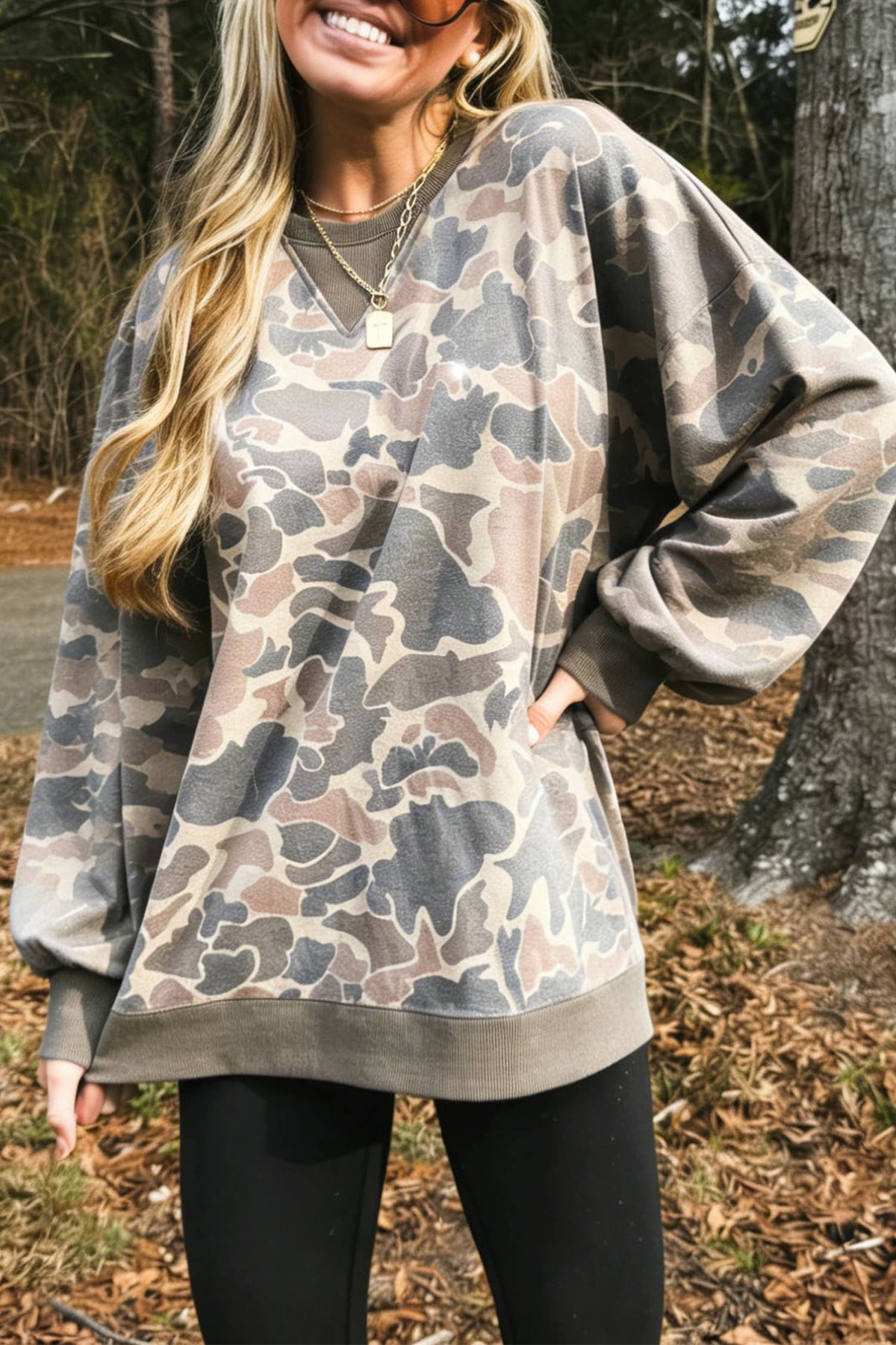Fall Camouflage Woodland Print Drop Shoulder Tunic Tee: Sweatshirt