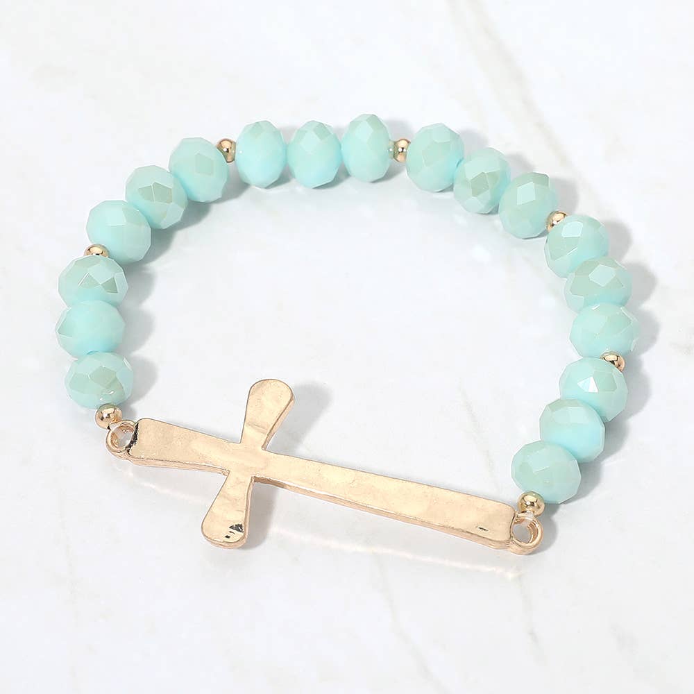 Brushed Hammered Metal Cross Accent Faceted Beaded Stretch Bracelet: Light Blue