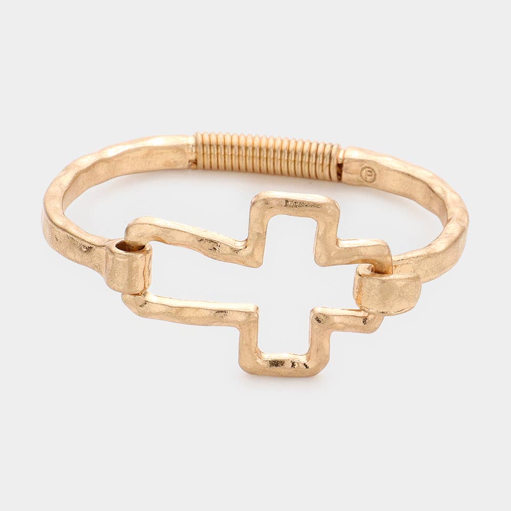 Hammered Open Metal Cross Hook Bracelet: Worn Silver