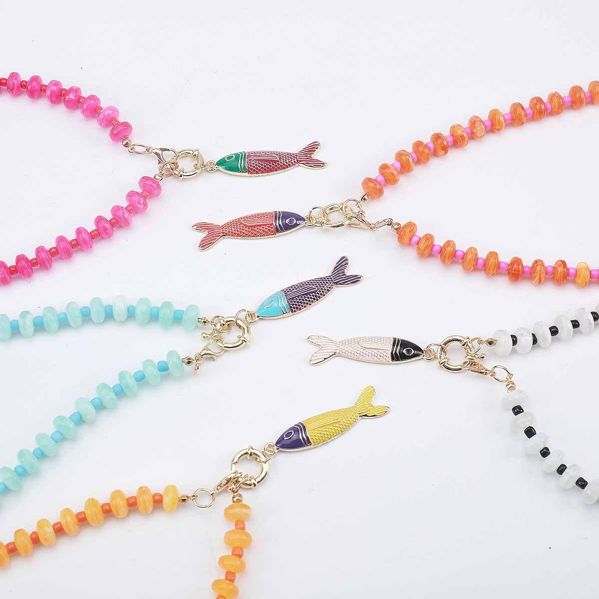 Beaded Fish Pendant Statement Necklace: Pink