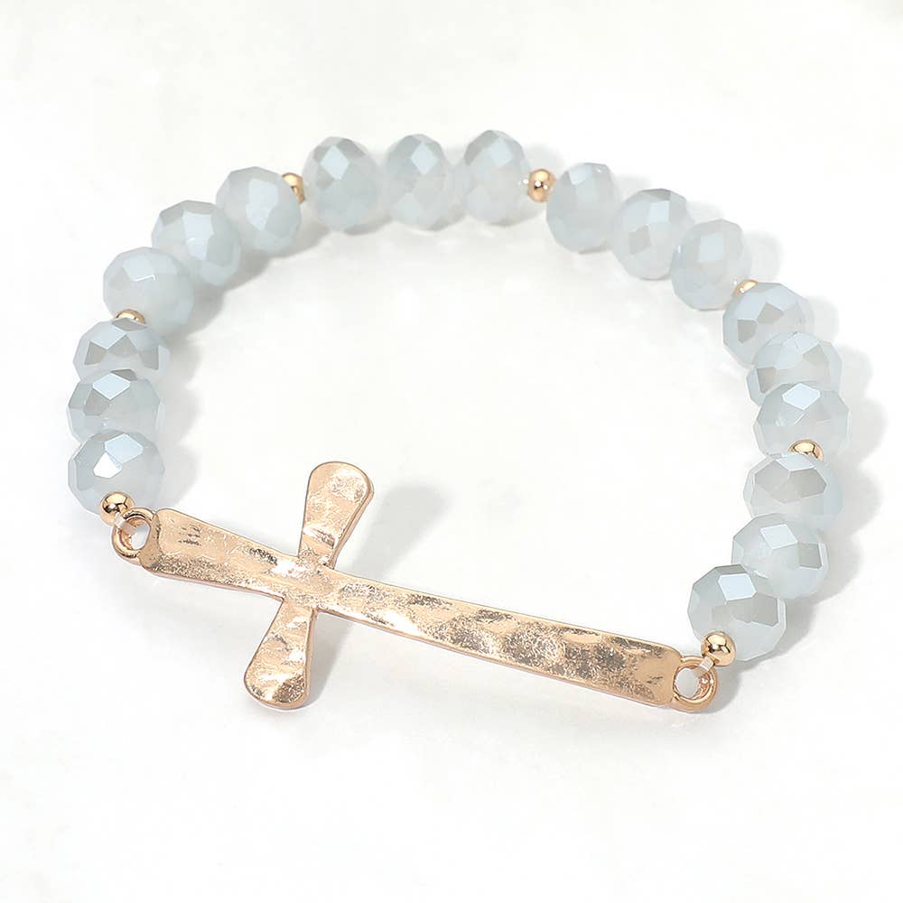 Brushed Hammered Metal Cross Accent Faceted Beaded Stretch Bracelet: Light Blue