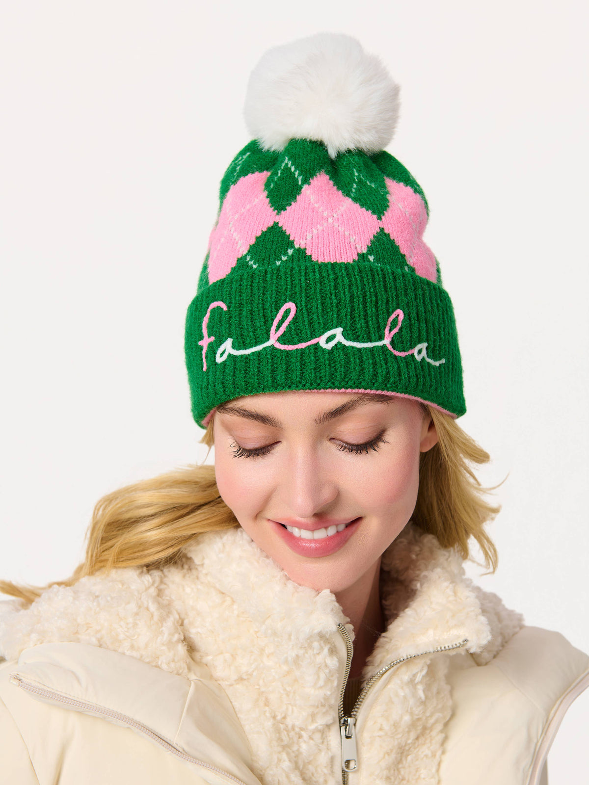 "FA LA LA" ARGYLE BEANIE, GREEN