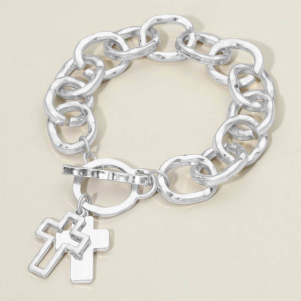 Hammered Layered Cross Charm Chunky Chain Toggle Bracelet: Worn Gold,Worn Silver