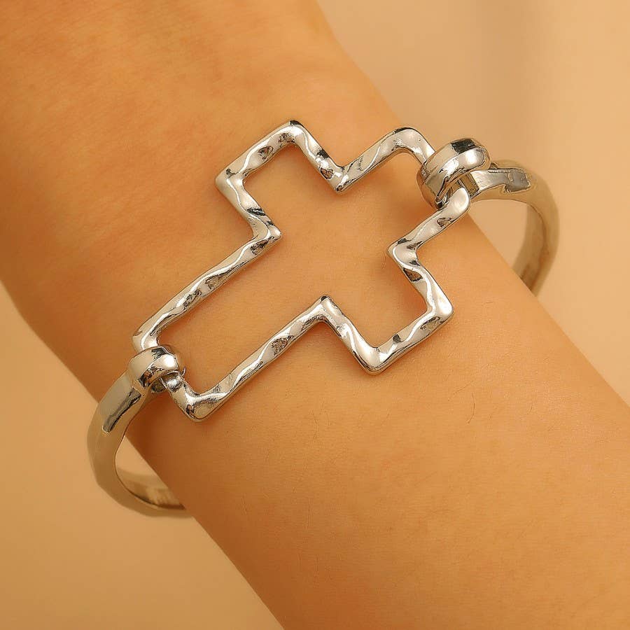 Hammered Open Cross Bangle - Silver or Gold | 40B5235: Gold