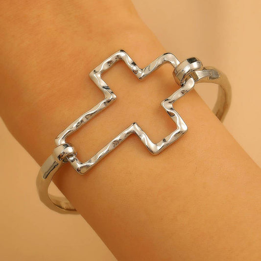 Hammered Open Cross Bangle - Silver or Gold | 40B5235: Silver