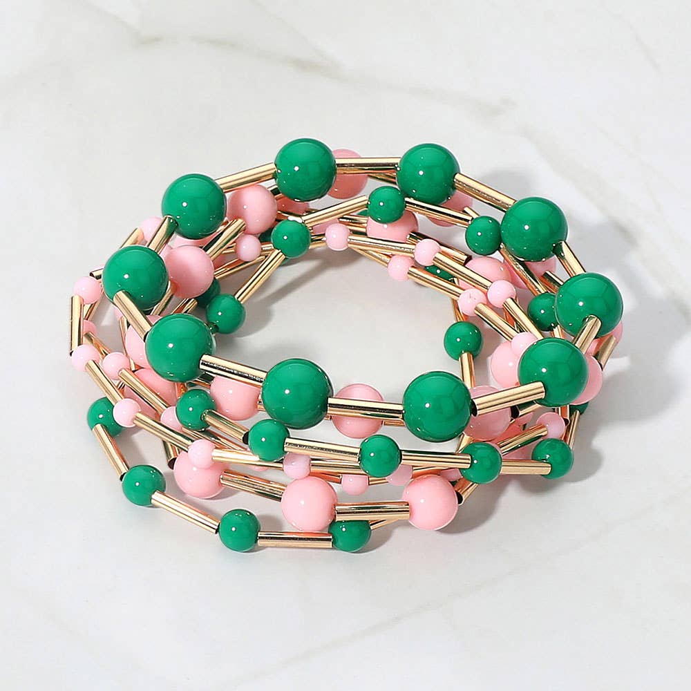 7PCS - Resin Ball Metal Bar Beaded Stretch Stackable Multi Layered Bracelets: Pink&Green