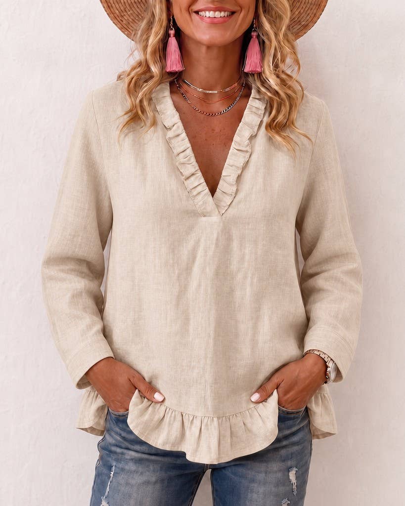 Boho Ruffle Trim V Neck Long Sleeve Casual Blouse: Khaki