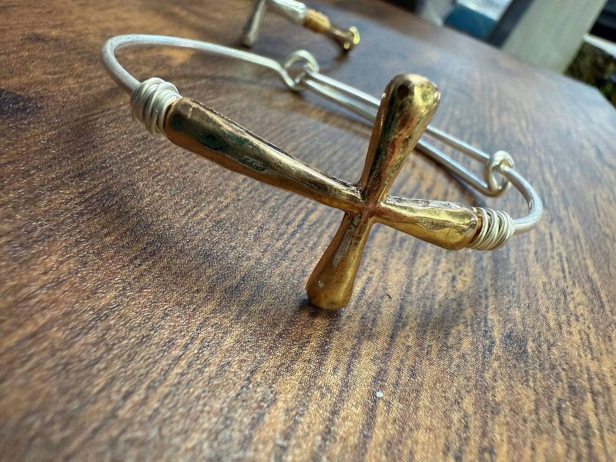 Two-tone Wire Wrapped Cross Bangle Bracelet : Gold