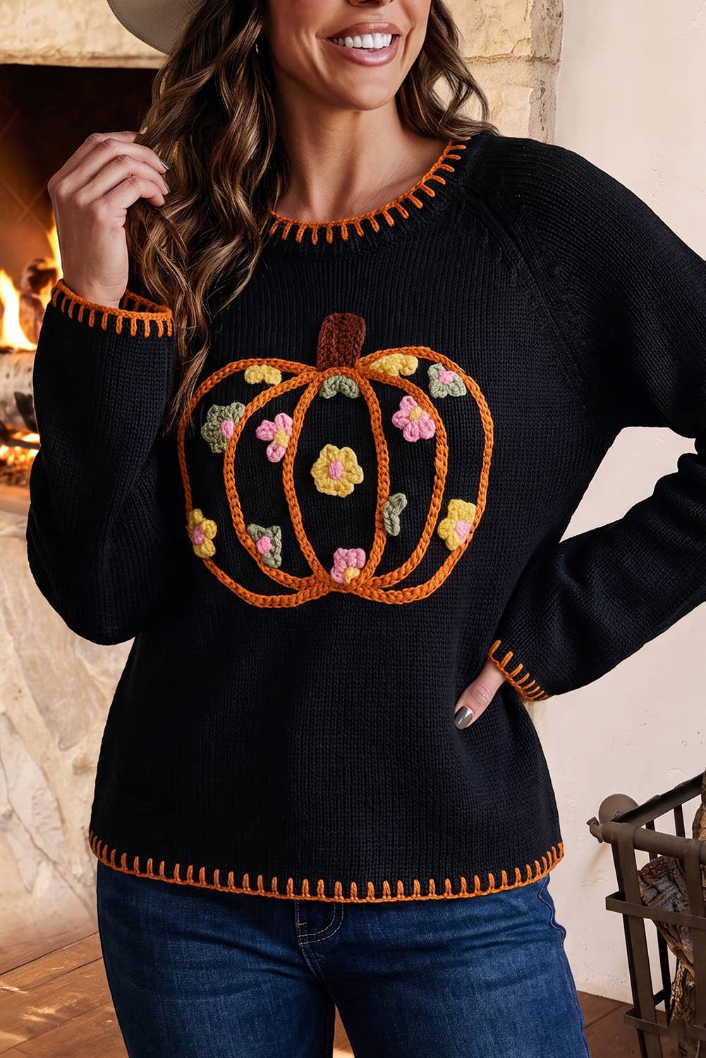Floral Embroidery Pumpkin Long Sleeve Round Neck Sweater: Parchment