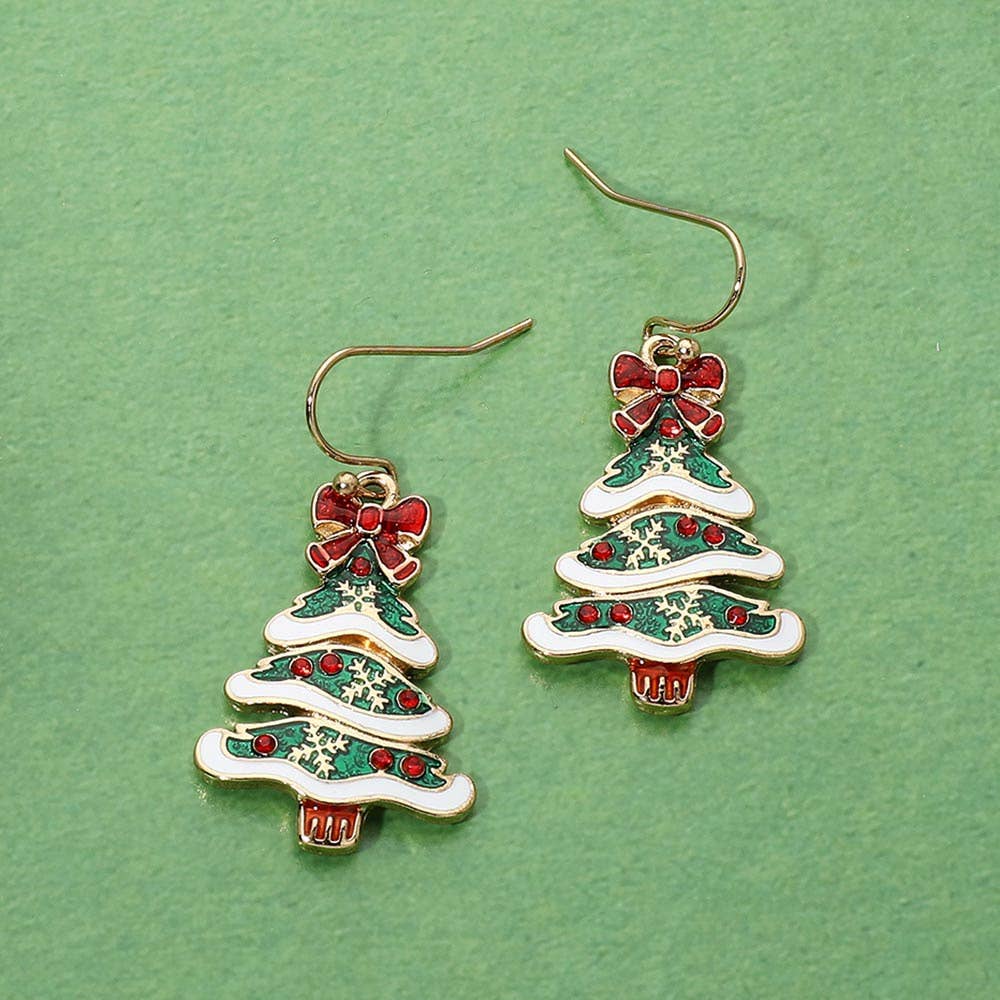 Bow Snowflake Christmas Tree Charm Drop Dangle Earrings: Gold,Multi
