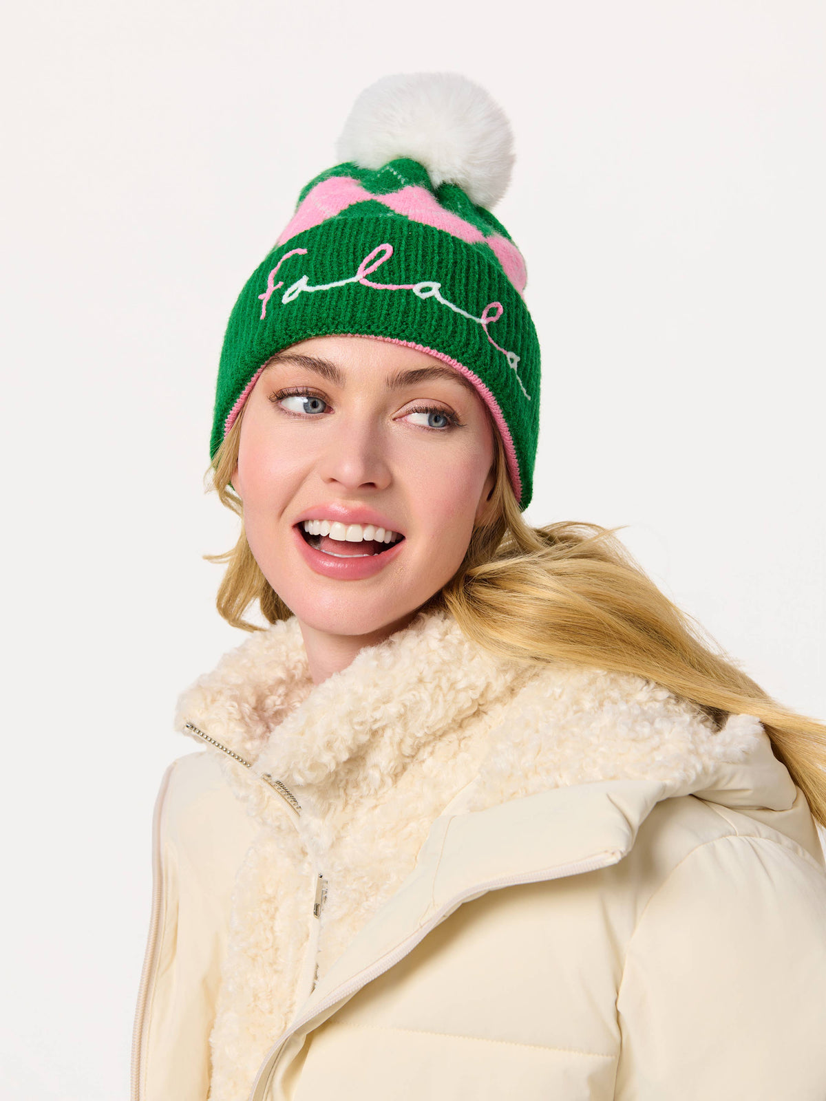 "FA LA LA" ARGYLE BEANIE, GREEN