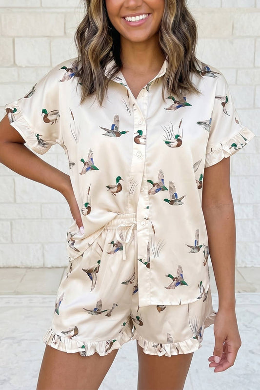 Mallard Print Ruffle 2 Pcs Sleepwear Set: Beige / L