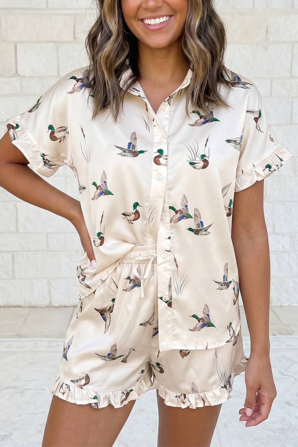 Mallard Print Ruffle 2 Pcs Sleepwear Set: Beige / M