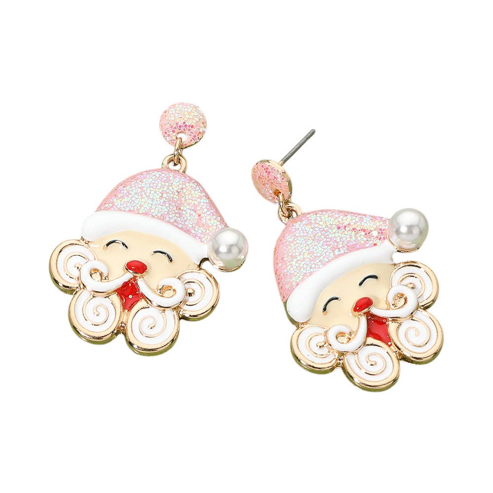 Whimsical Santa Claus Charm Drop Dangle Earrings: Gold,Pink