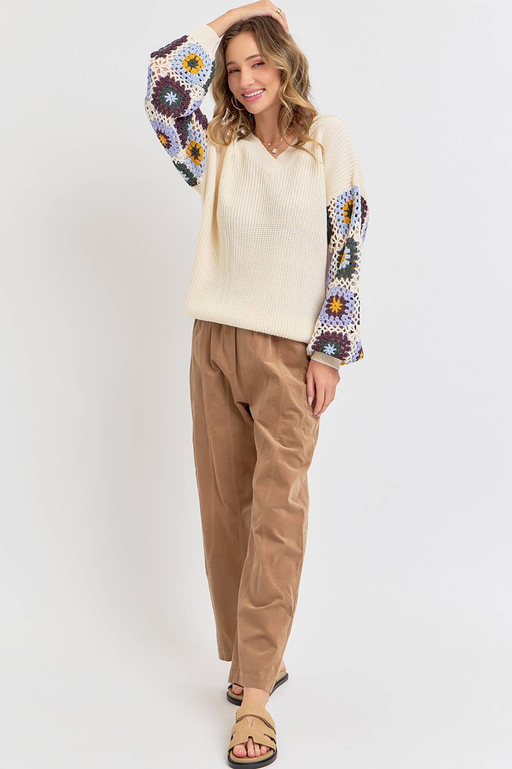 CROCHET PATCHWORK SWEATER: IVORY/ORANGE / Contemporary