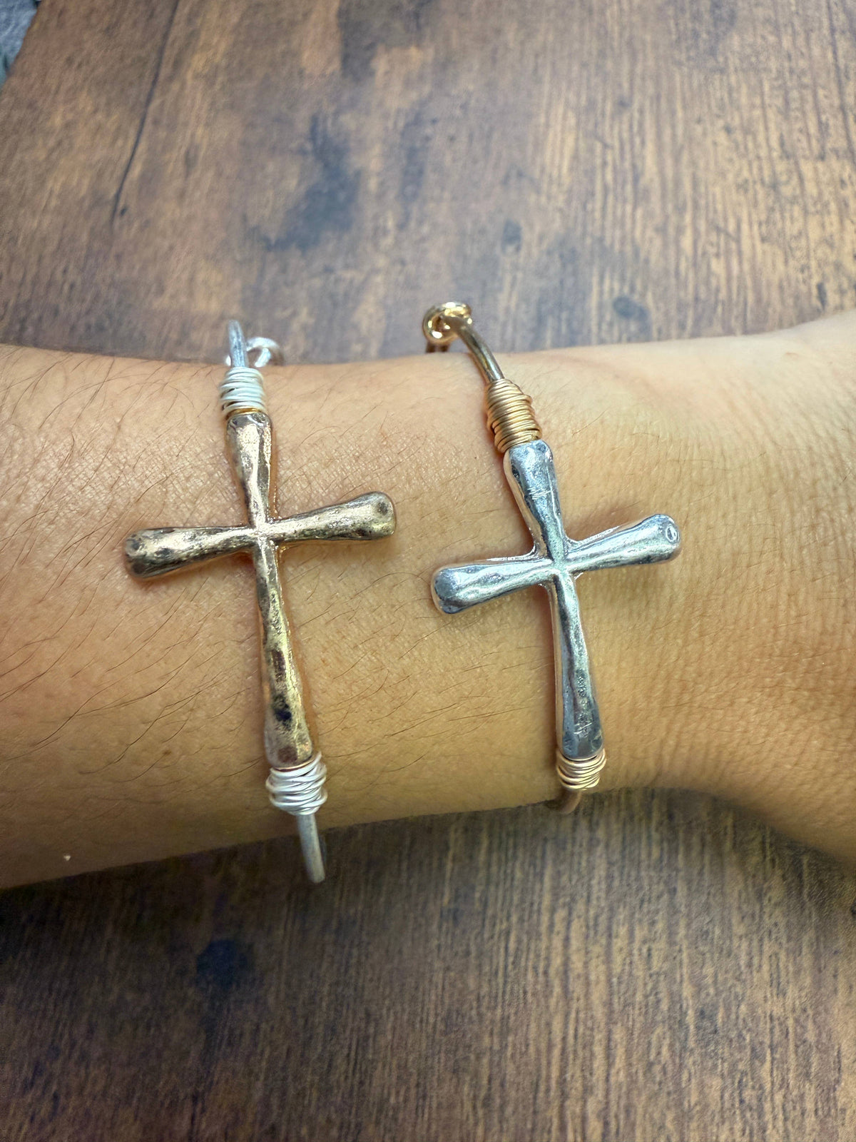 Two-tone Wire Wrapped Cross Bangle Bracelet : Silver