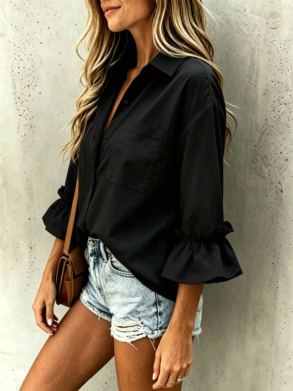 Polka Dot ruffle 3/4 sleeve button up blouse: White