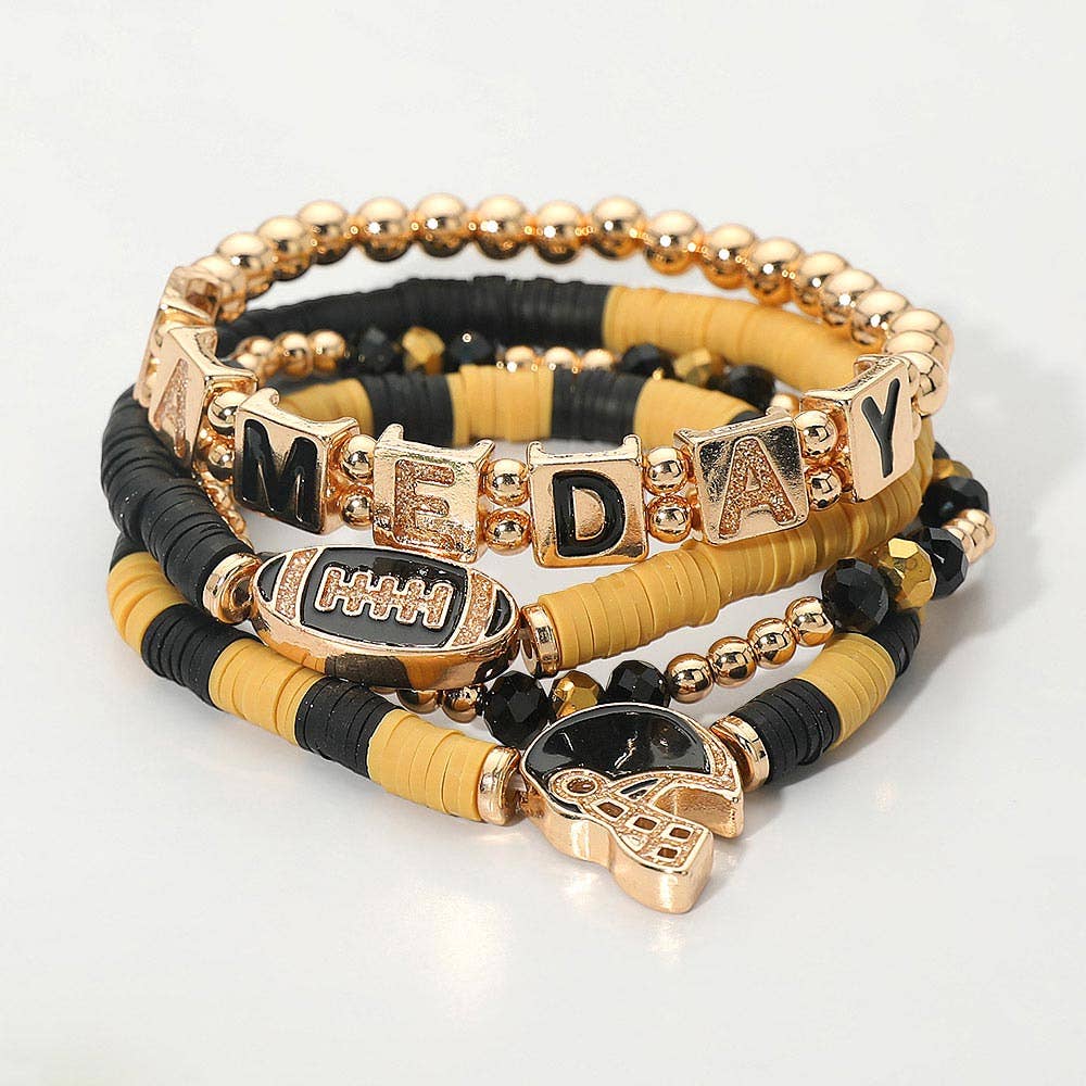 4PCS - GAMEDAY Football Charm Heishi Beaded Stretch Multi Layered Bracelets: Black Burgundy