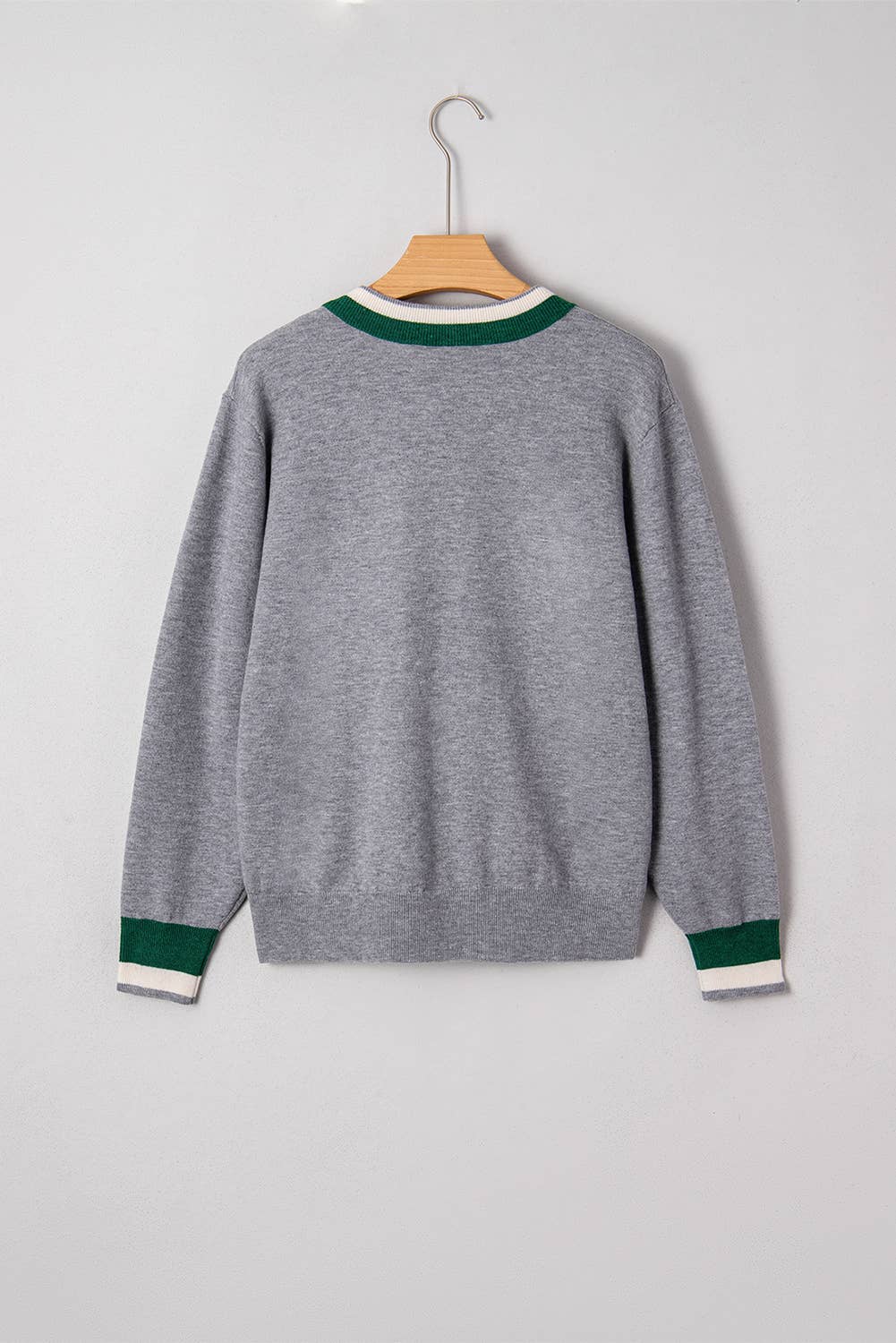 Contrast Striped Trim V Neck Varsity sweaters for women: Gray / Missy