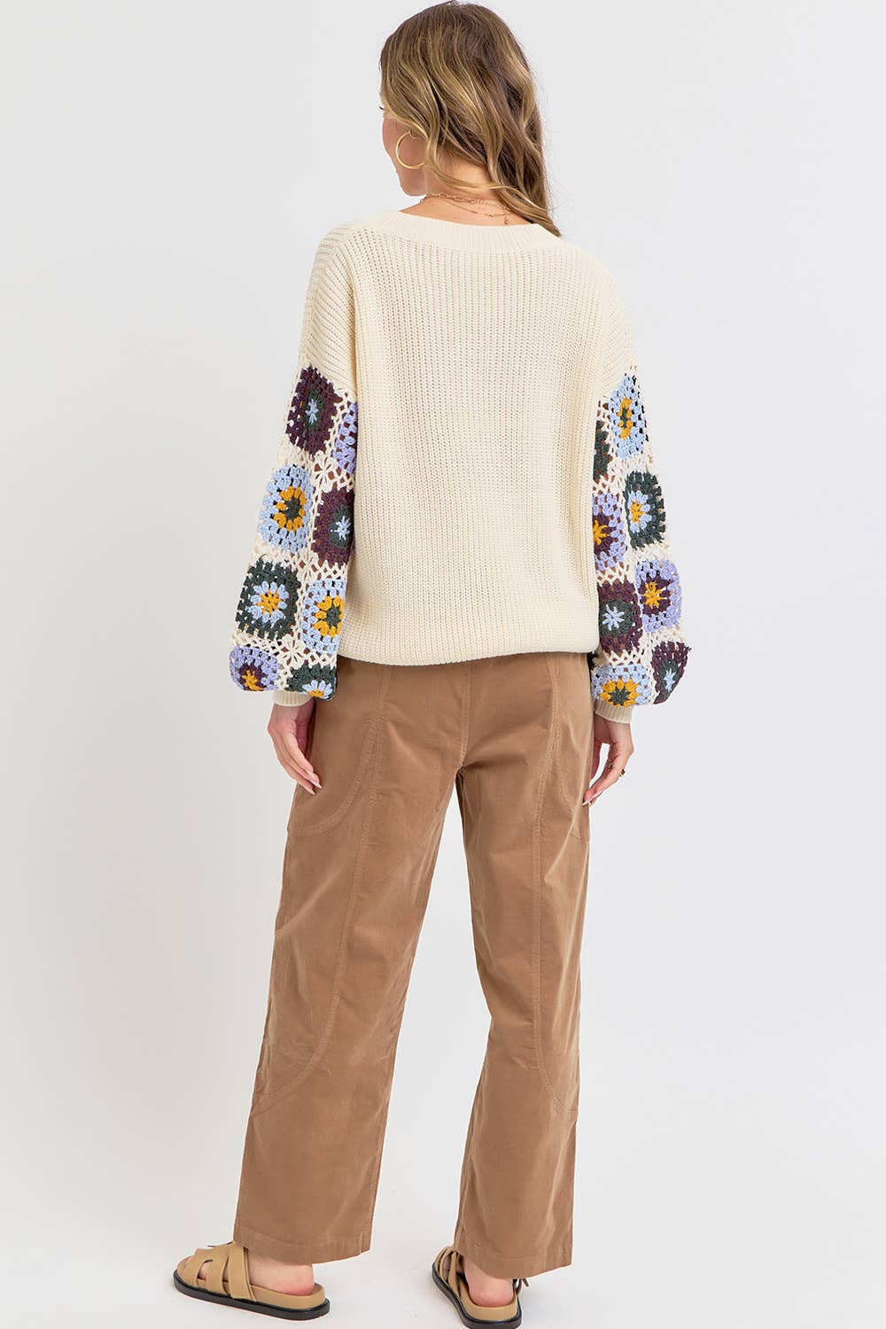 CROCHET PATCHWORK SWEATER: IVORY/ORANGE / Contemporary