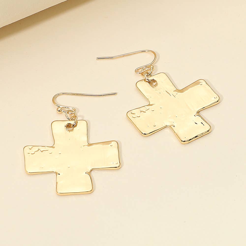 Hammered Metal Cross Dangle Earrings: Gold