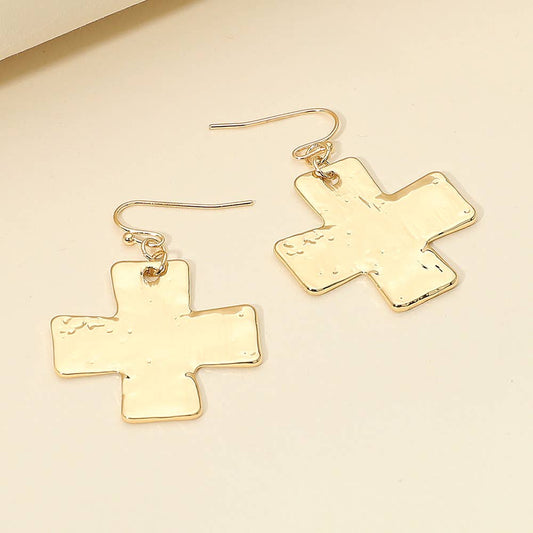 Hammered Metal Cross Dangle Earrings: Gold