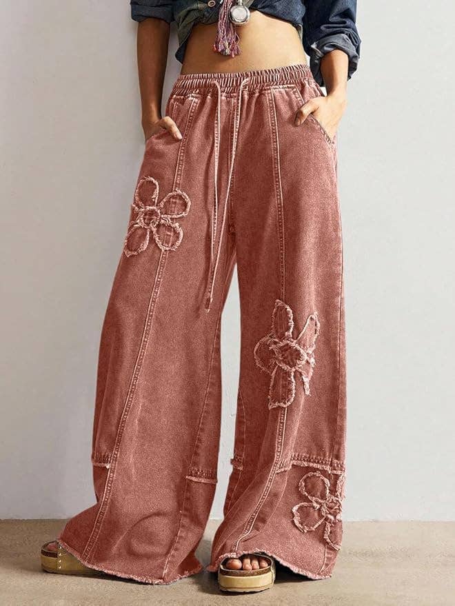 Western Boho Vintage Floral Drawstring Seamed Jeans: DarkBlue