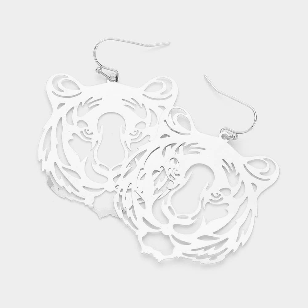 Brass Metal Cut Out Tiger Dangle Earrings: Silver