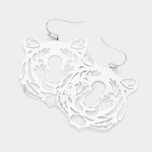 Brass Metal Cut Out Tiger Dangle Earrings: Silver