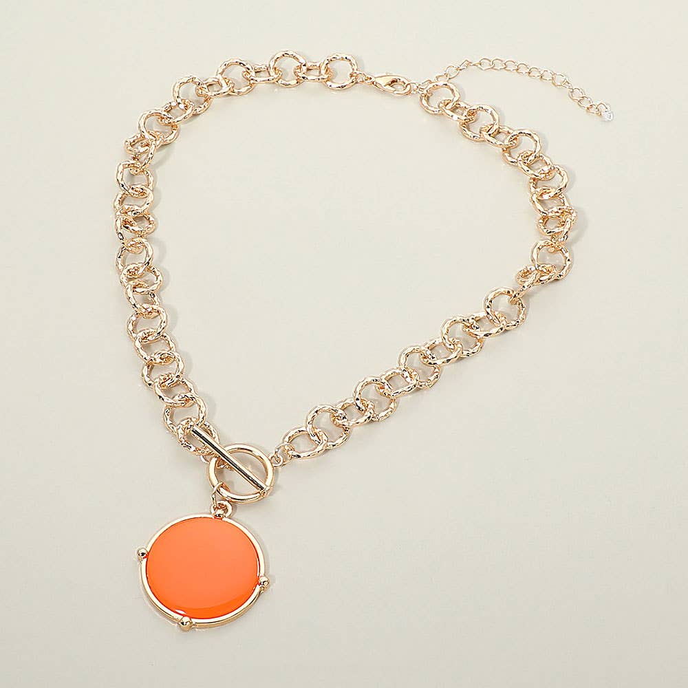 Round Toggle Pendant Chunky Chain Necklace: Orange
