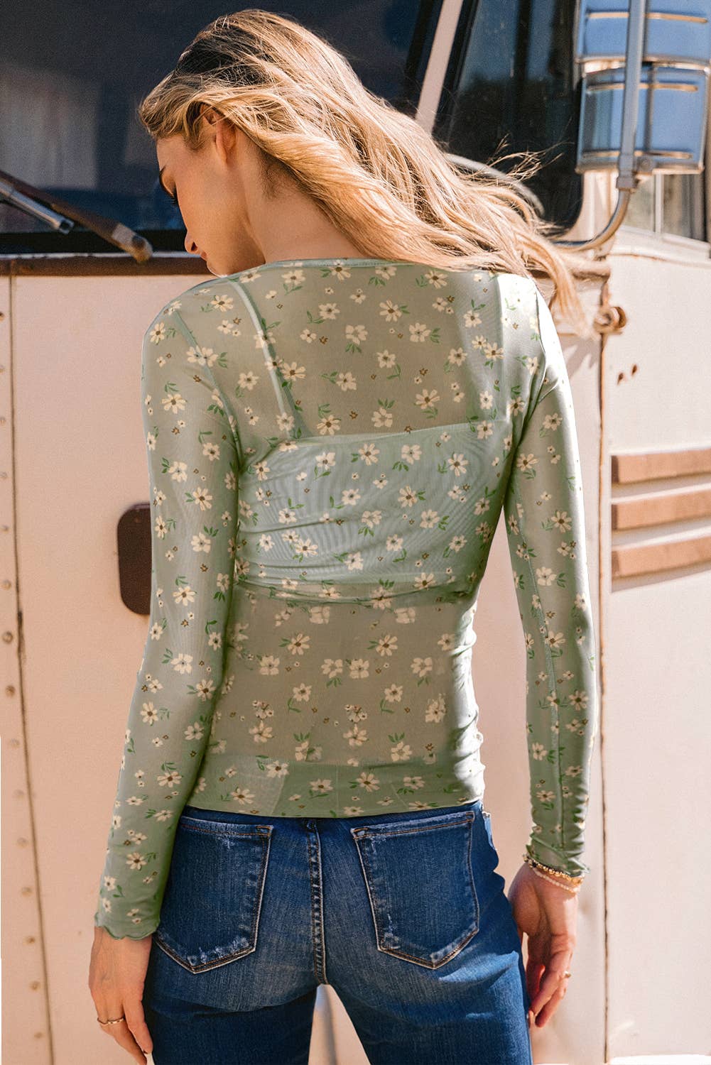 Western Vintage Floral Print Southern Mesh Long Sleeve Top: Missy