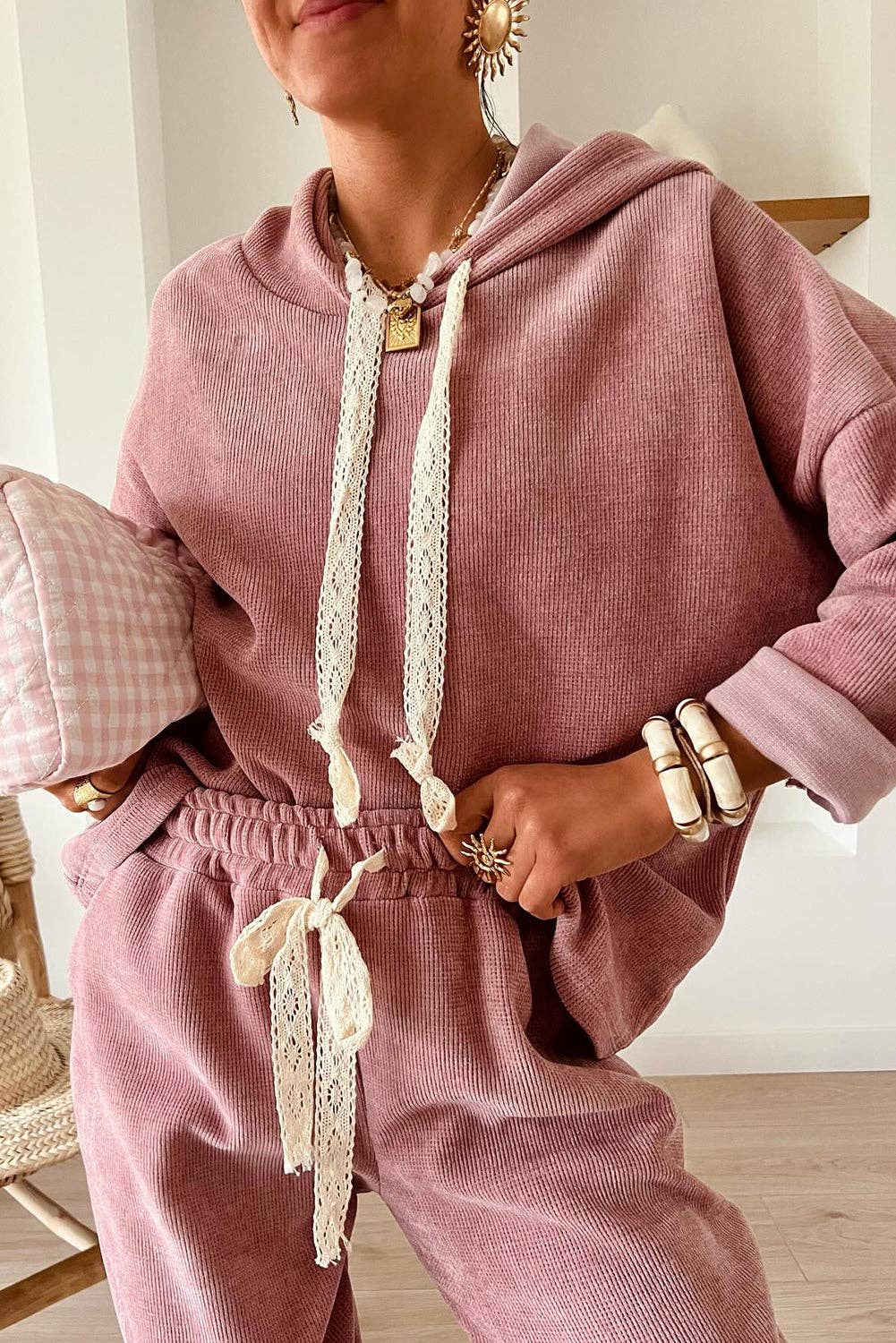 Parchment Leopard Drawstring Pullover Hoodie and High Waist Pants Corduroy Suit: Parchment / 42.5%Polyester+40%Viscose+16%Polyamide+1.5%Elastane