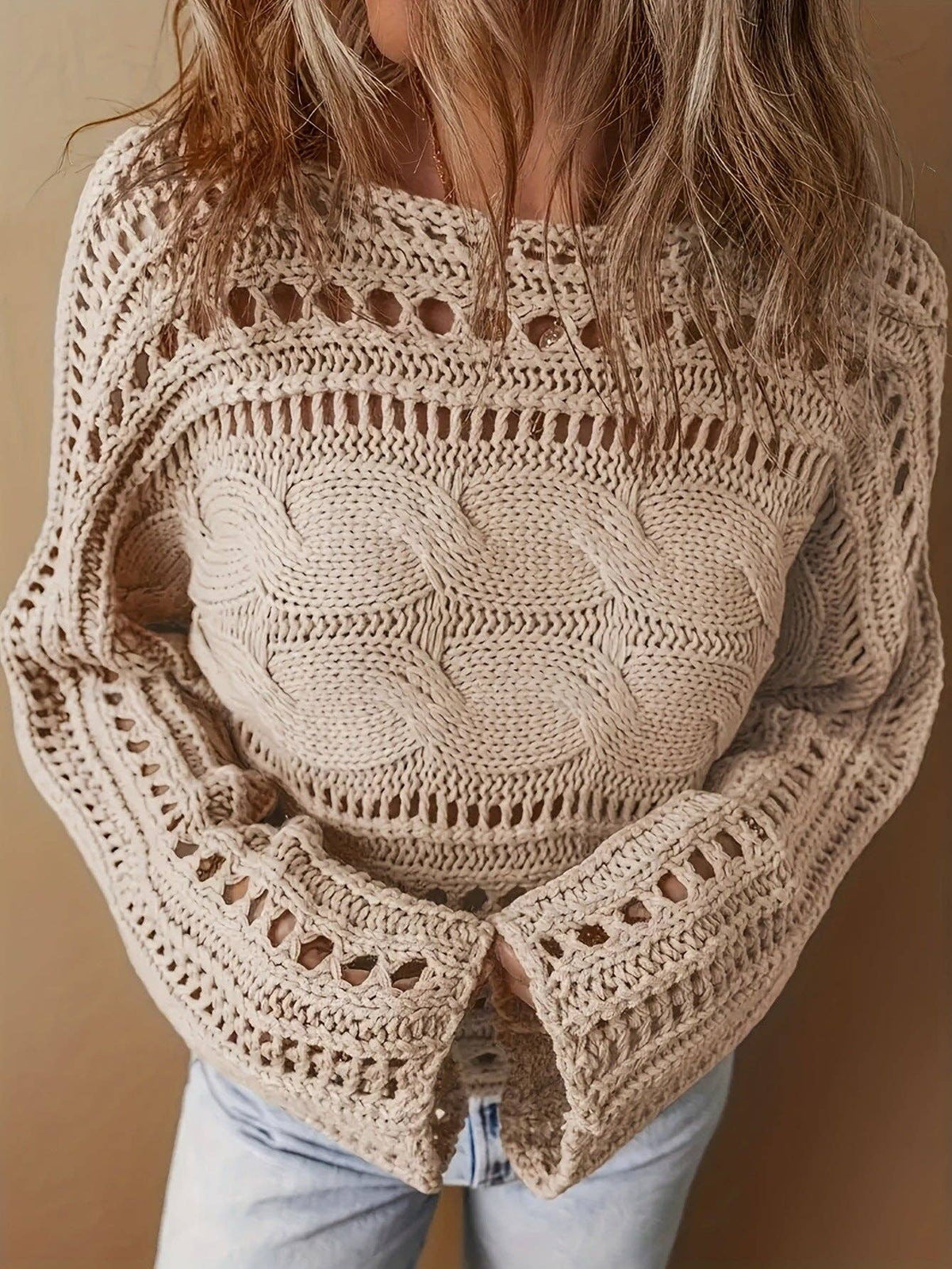 Crochet Cardigan Openwork Long Sleeve Crop Top Women N6A156: Apricot