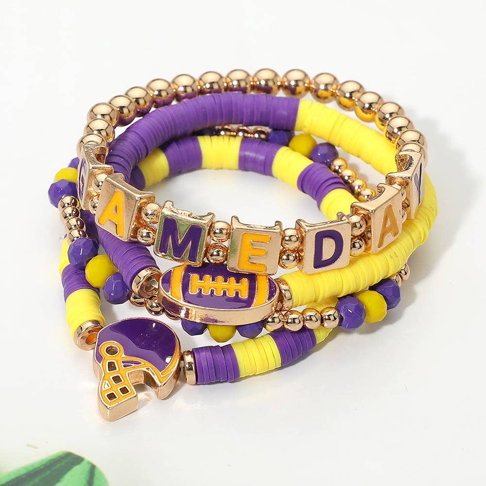 4PCS - GAMEDAY Football Charm Heishi Beaded Stretch Multi Layered Bracelets: Black Burgundy