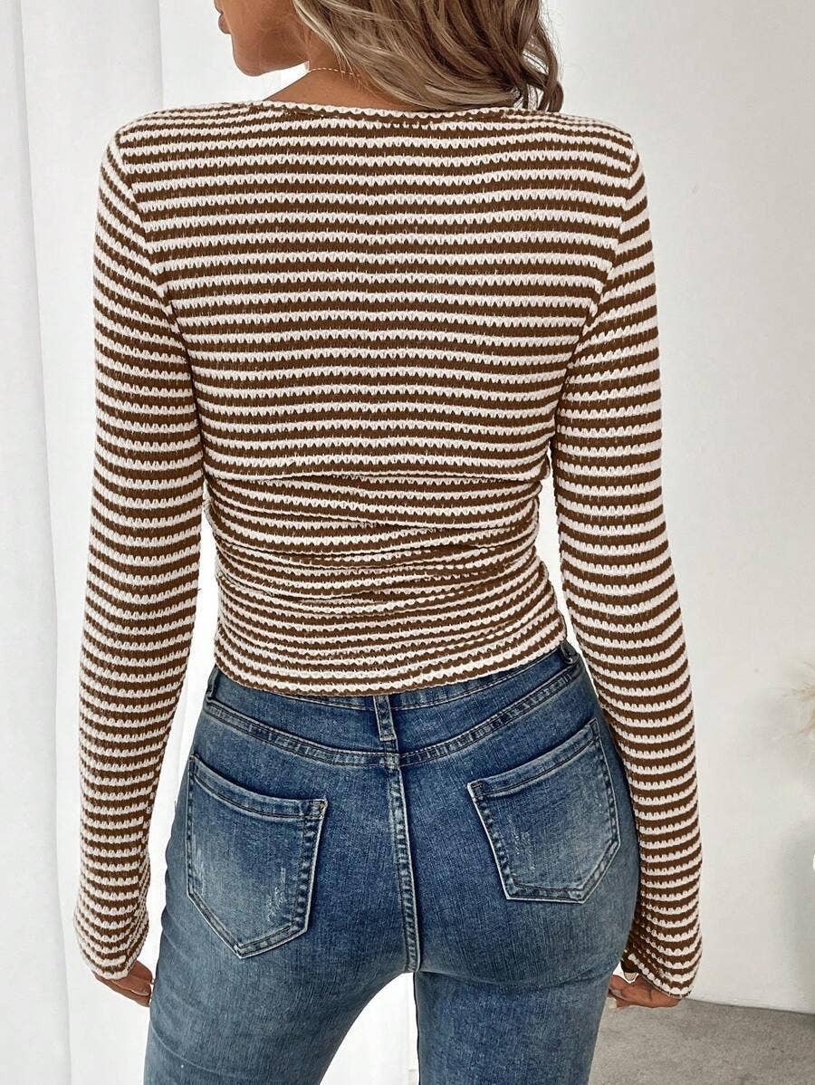 Striped Cotton Knit Top Trendy Fitted Square Neck: Apricot / 65%viscose+ 35%polyester